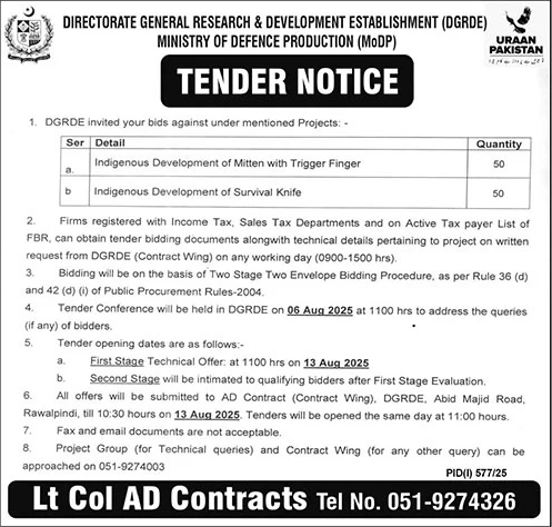 Ministry of Defence Production Islamabad Tender Notice